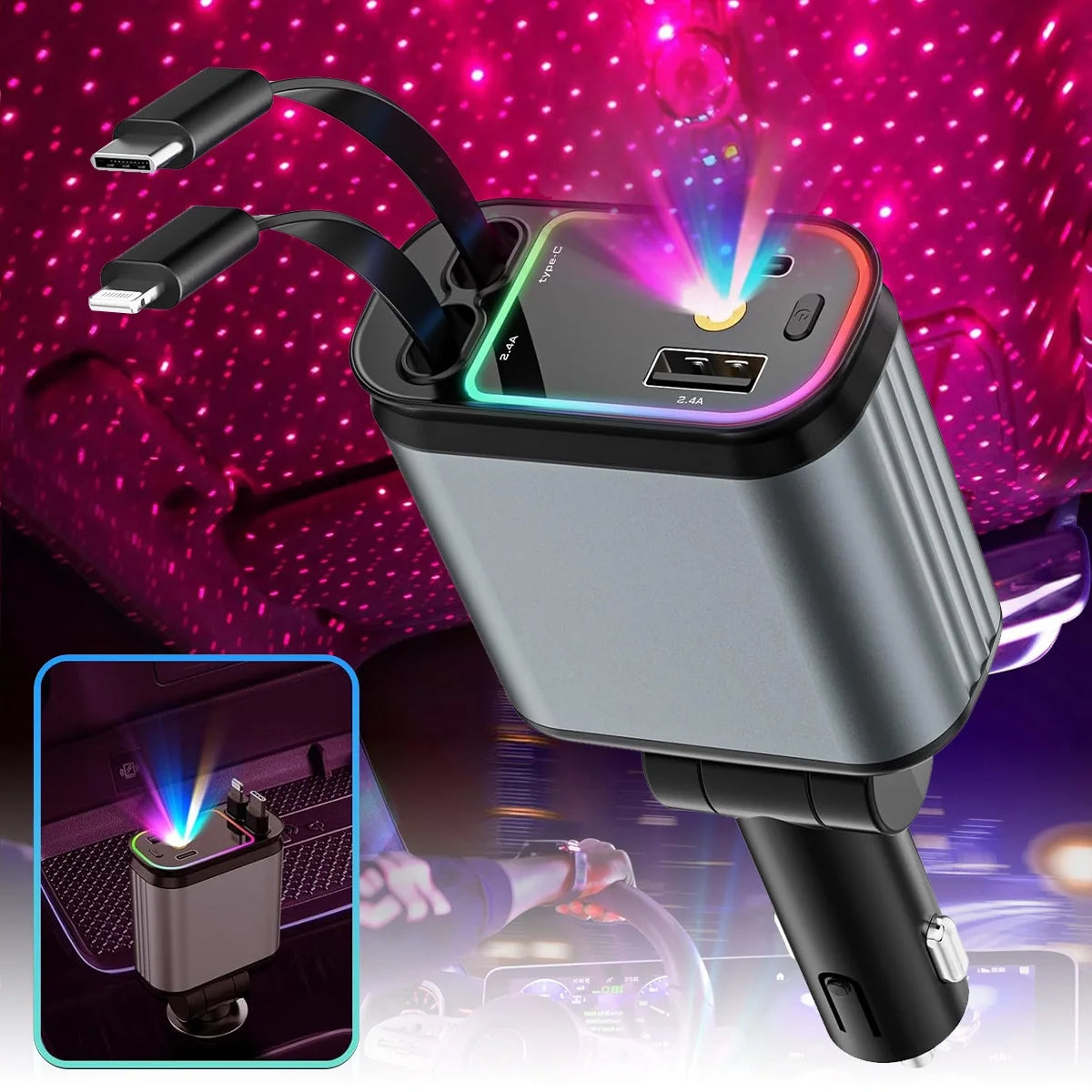120W Billaddare med USB-C PD & Lightning – Volt-Display + Skylight RGB (iPhone & Android)